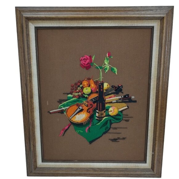 Vintage Completed Crewel Embroidery Picture Violin Rose Fruit Wine Romantic 70s - Picture 1 of 13